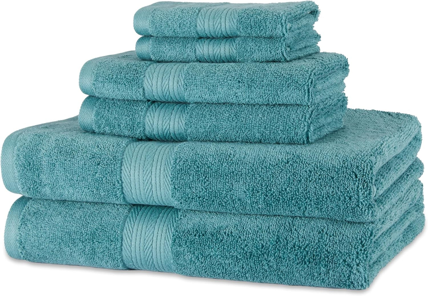 Amazon Basics 6-Piece Oversized Fade-Resistant Towel Set, 100% Cotton, Highly Absorbent, Soft, Teal, 2 Bath Towels, 2 Hand Towels, 2 Washcloths