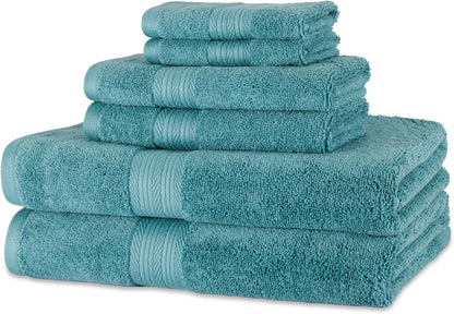 Amazon Basics 6-Piece Oversized Fade-Resistant Towel Set, 100% Cotton, Highly Absorbent, Soft, Teal, 2 Bath Towels, 2 Hand Towels, 2 Washcloths
