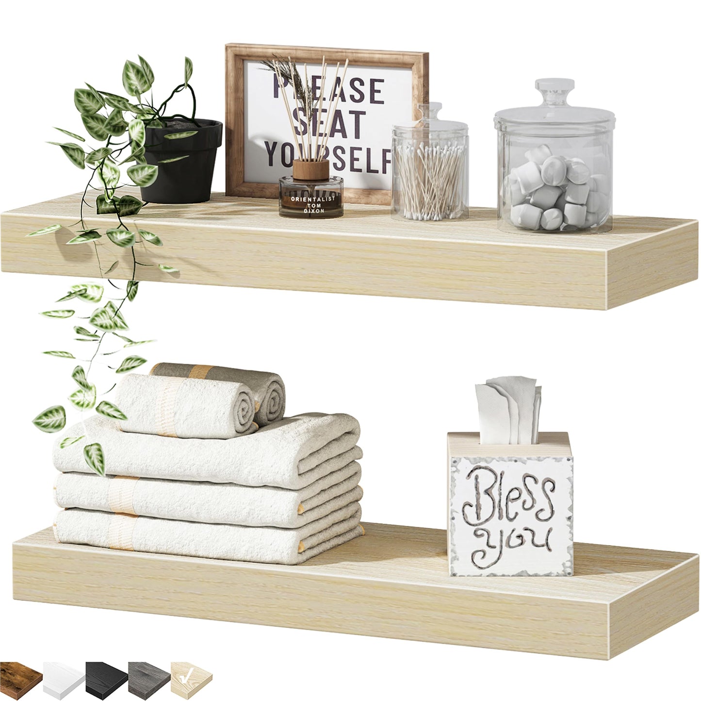 QEEIG Bathroom Floating Shelves for Wall - 15.7" Wall Mounted Shelf Over Toilet Farmhouse Home Decor Display Bookshelf Small 15.7 x 6.7 inch Set of 2, Rustic Brown (008-40BN)
