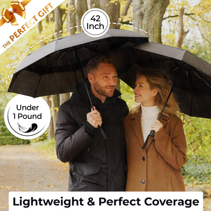 Strongest Windproof Travel Umbrella (Compact, 100MPH Wind-Tested), Light, Portable, One-Handed Use, Automatic Folding Rain Umbrella, Durable, Premium Grip, Fits Car & Backpack