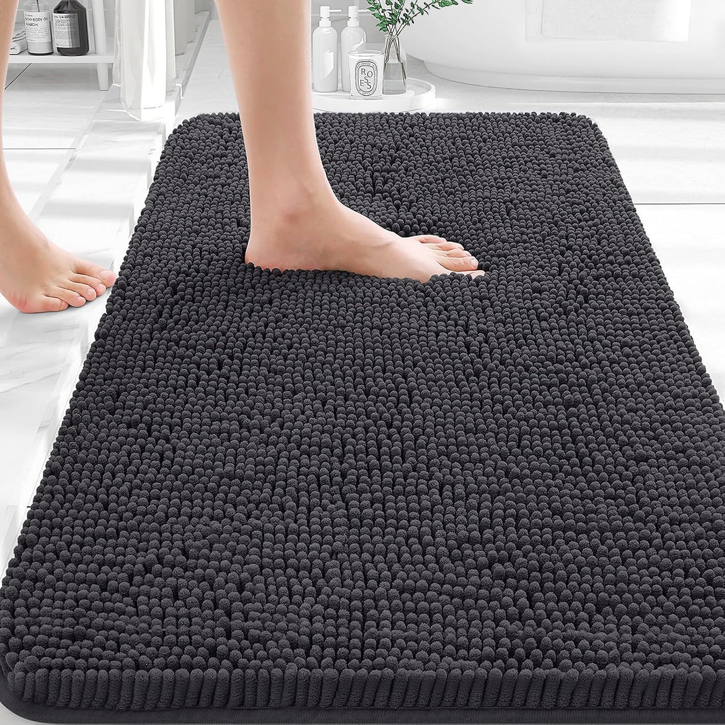 OLANLY Bathroom Rugs 30x20, Extra Soft Absorbent Chenille Bath Rugs | Grey, Quick-Drying Rubber Backing, Machine Washable Bath Mat for Bathroom Floor, Tub and Shower, Home Decor Accessories
