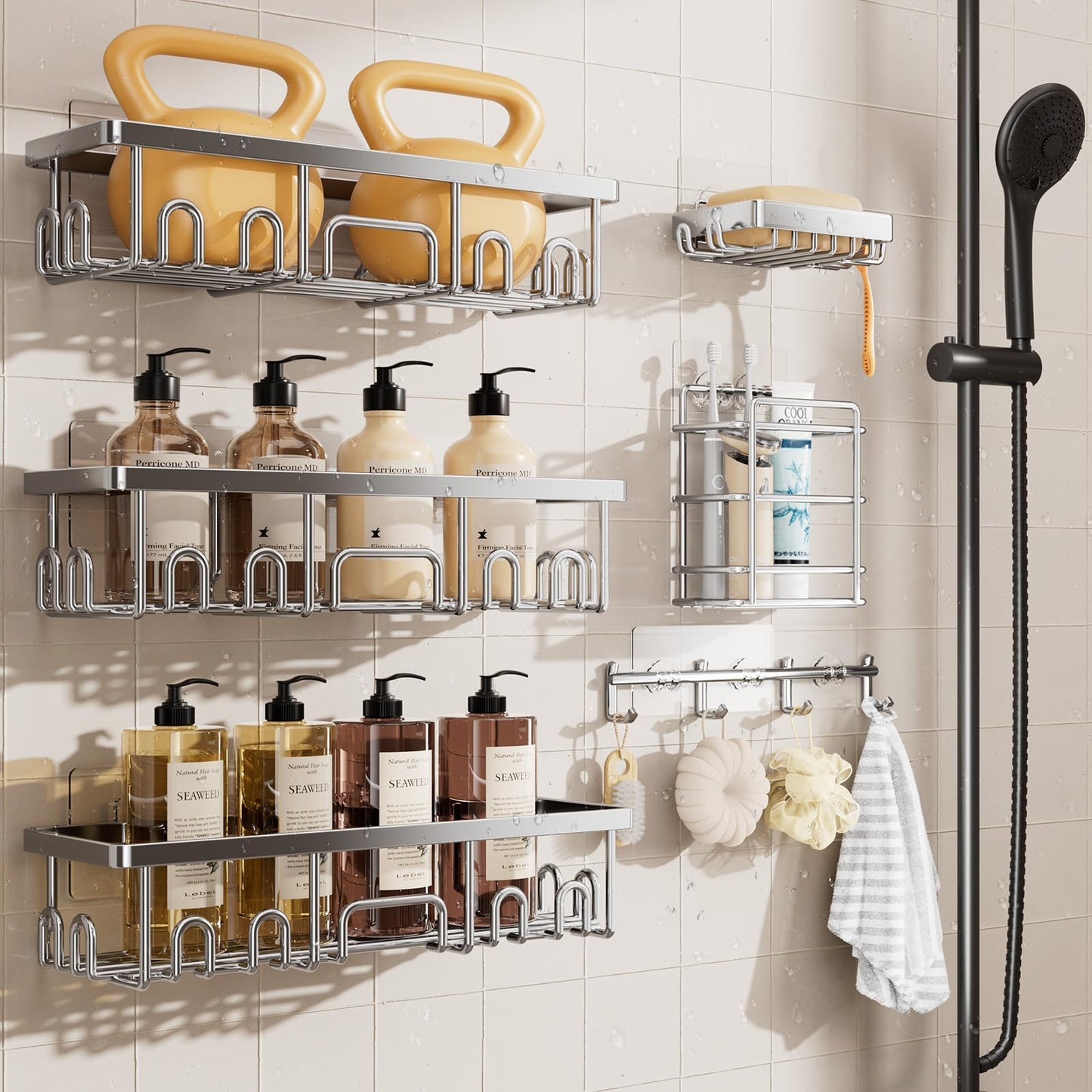 Veken Large Capacity Shower Caddy 6-Pack, No Drilling & Rustproof, Adhesive Shower Shelves with Soap Holder, Bathroom Organizers and Storage, Wall-Mounted Kitchen & Home Decor, Pink