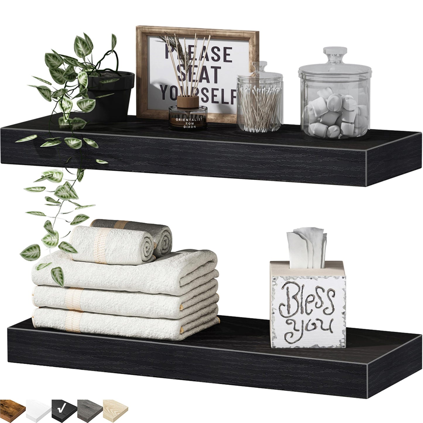 QEEIG Bathroom Floating Shelves for Wall - 15.7" Wall Mounted Shelf Over Toilet Farmhouse Home Decor Display Bookshelf Small 15.7 x 6.7 inch Set of 2, Rustic Brown (008-40BN)
