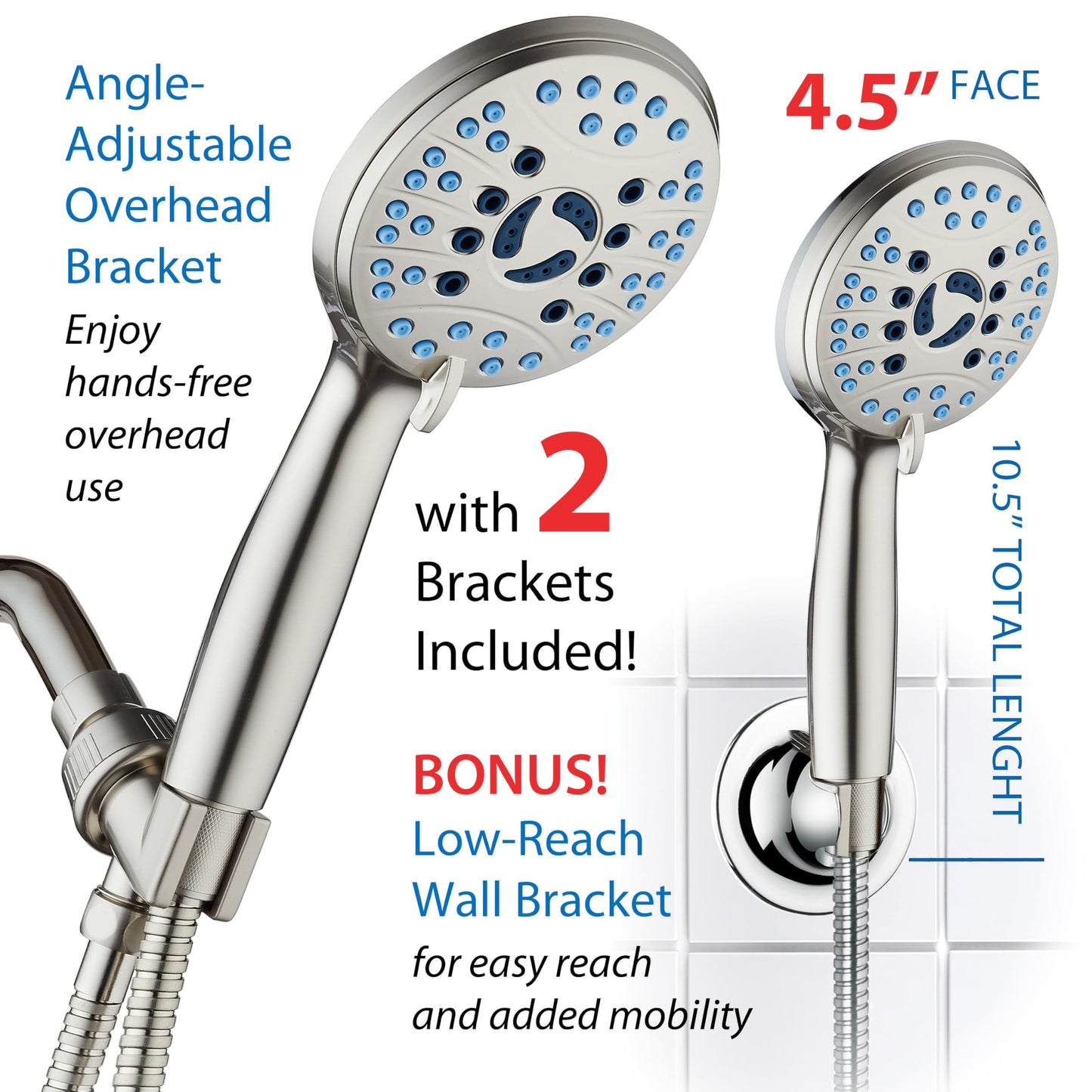 AquaCare 8-mode High Pressure Handheld Shower Head with 2-mode Power Wash | Stay Clean Nozzles, Dual Power Wash for Tub, Tile & Pets, Long 6 ft. Stainless Steel Hose, Wall & Overhead Brackets / Chrome