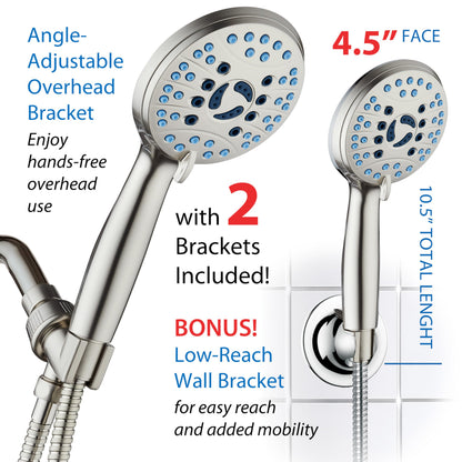 AquaCare 8-mode High Pressure Handheld Shower Head with 2-mode Power Wash | Stay Clean Nozzles, Dual Power Wash for Tub, Tile & Pets, Long 6 ft. Stainless Steel Hose, Wall & Overhead Brackets / Chrome