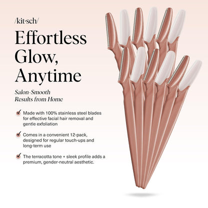Kitsch Dermaplane Razor for Women Face – Terracotta, 12 pcs | Face Razors for Women & Men, Eyebrow Razor & Face Shaver – Exfoliating Facial Razor & Dermaplaner as Tool for Smoother Skin