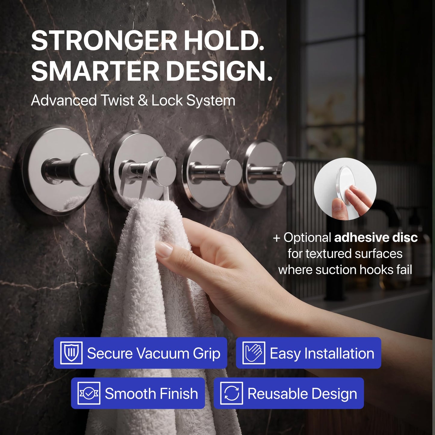HOME SO Suction Cup Hooks for Shower & Bathroom Towel Holder 2-Pack Black | Waterproof Rustproof Organizer Hook Hanging Loofah Robe Coat Bath Accessories on Tile Glass Door Mirror + Optional 3M Disc