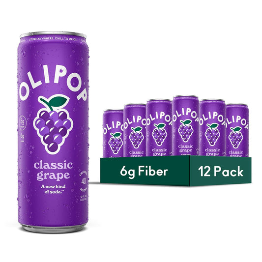 OLIPOP 6g Fiber Prebiotic Soda, Classic Grape, 12 fl oz, 12Pack Skinny | Shelf Stable Prebiotic Soda (Skinny), 6g Fiber, 5g Sugar, Digestive Health Support, Prebiotics & Botanicals, Gluten Free