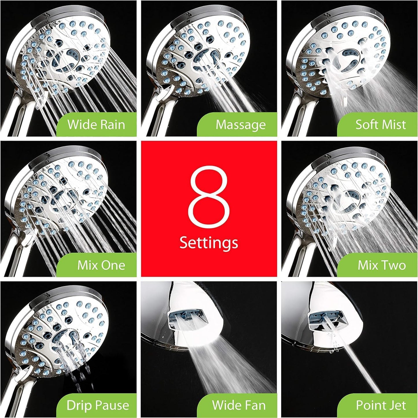 AquaCare 8-mode High Pressure Handheld Shower Head with 2-mode Power Wash | Stay Clean Nozzles, Dual Power Wash for Tub, Tile & Pets, Long 6 ft. Stainless Steel Hose, Wall & Overhead Brackets / Chrome