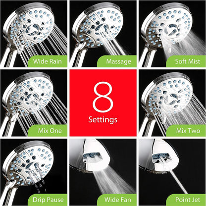 AquaCare 8-mode High Pressure Handheld Shower Head with 2-mode Power Wash | Stay Clean Nozzles, Dual Power Wash for Tub, Tile & Pets, Long 6 ft. Stainless Steel Hose, Wall & Overhead Brackets / Chrome
