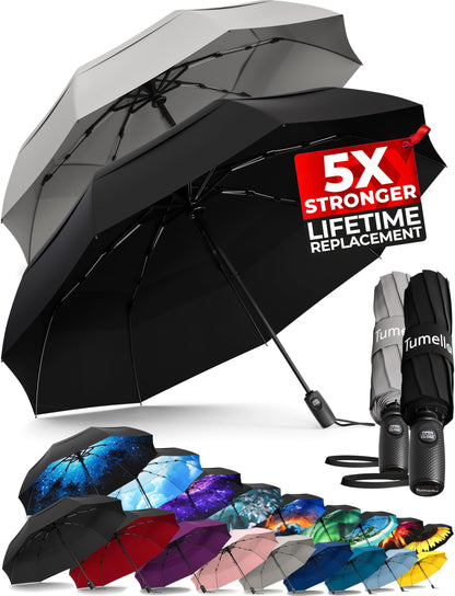Strongest Windproof Travel Umbrella (Compact, 100MPH Wind-Tested), Light, Portable, One-Handed Use, Automatic Folding Rain Umbrella, Durable, Premium Grip, Fits Car & Backpack