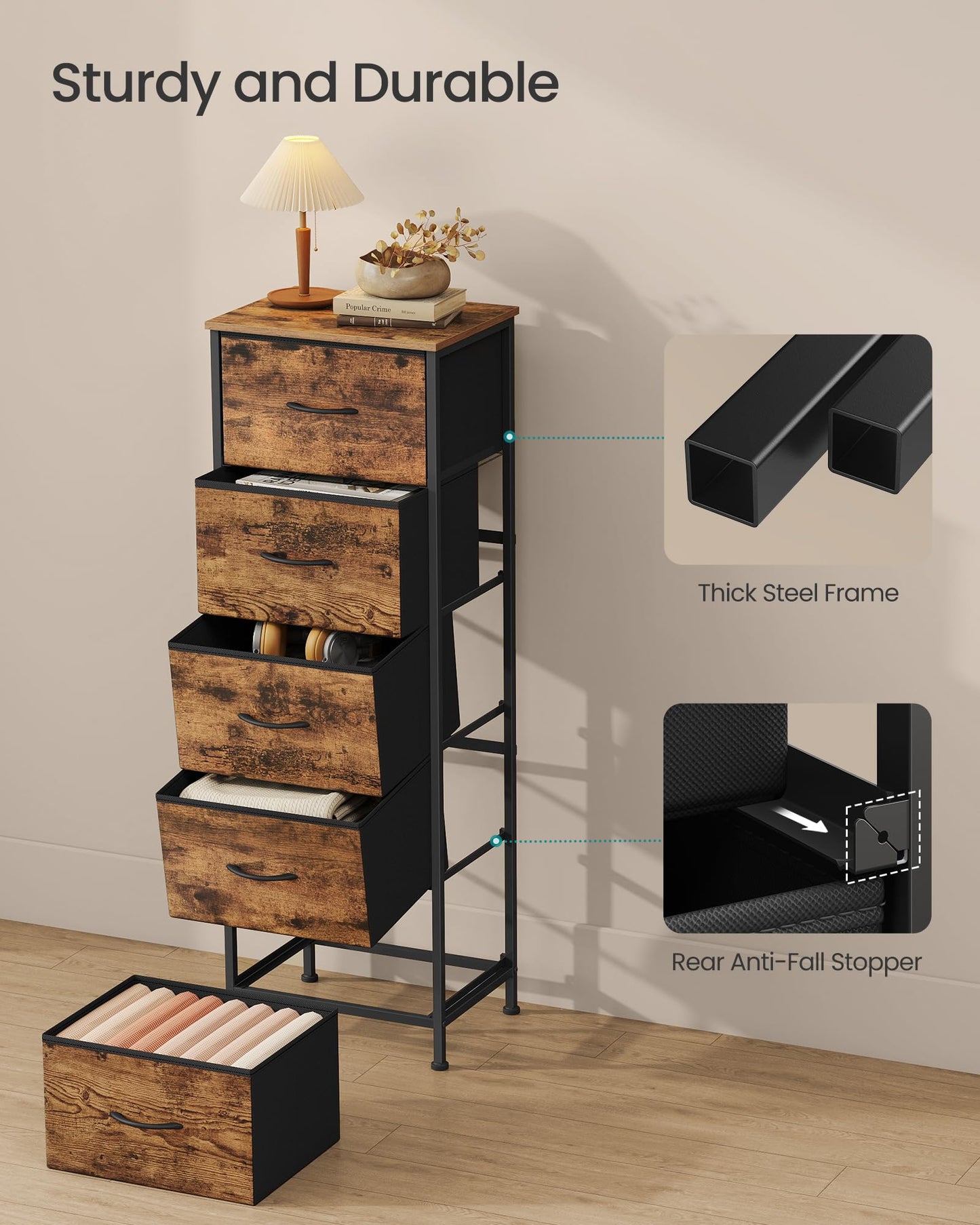 SONGMICS BELLAH Collection - Dresser for Bedroom, Chest of Drawers, Storage Organizer Unit, Closet, Entryway, Steel, 4 Drawers, Modern, Ink Black and Ebony Black ULGS314B01S