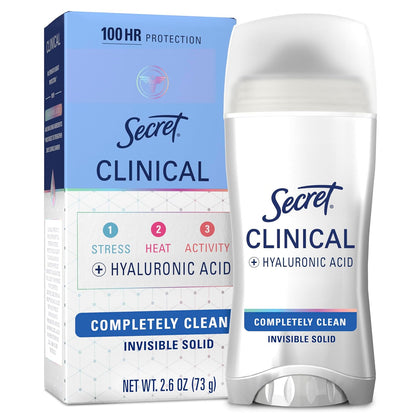 Secret Clinical Strength Invisible Solid Antiperspirant Deodorant for Women, 100HR Sweat & Odor Protection, 3X Stress Protection with Hyaluronic Acid, PH Balanced, Completely Clean Scent, 2.6 oz