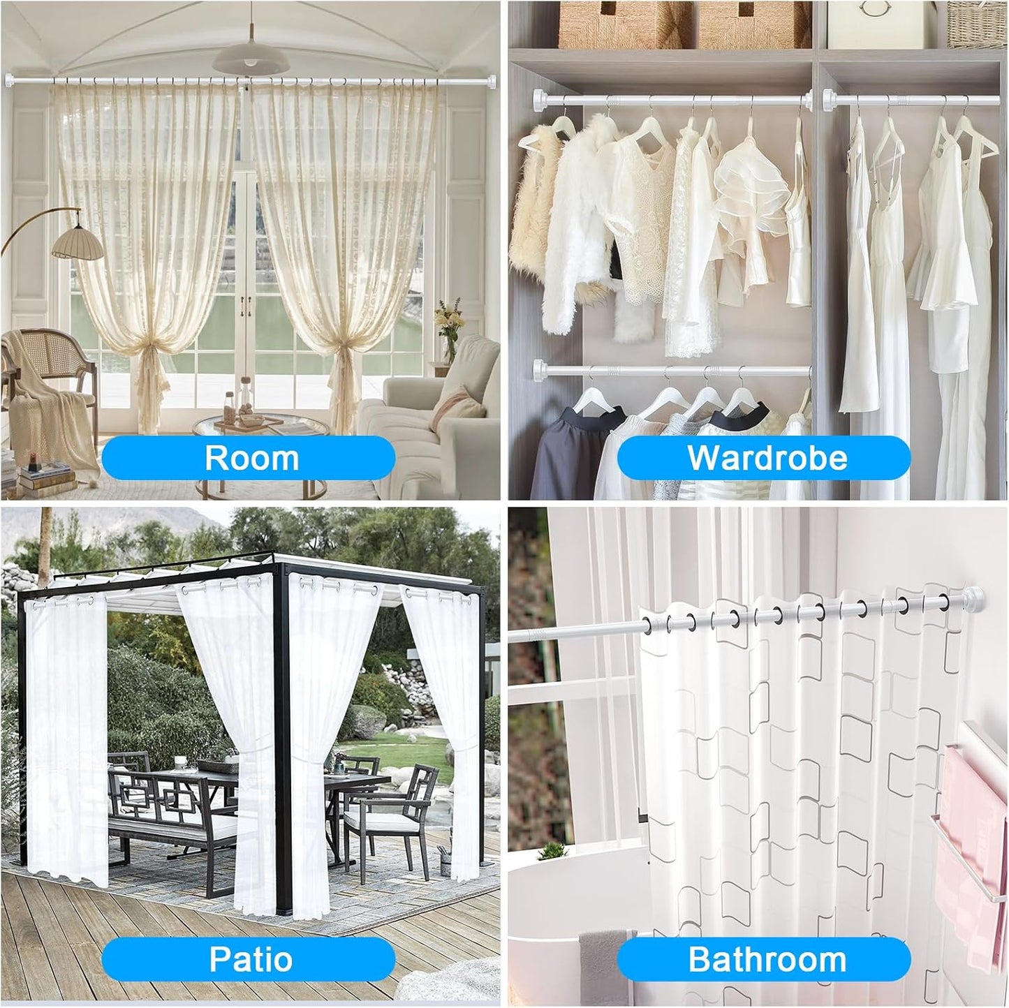 TEECK Shower Curtain Rod, 32-80 inch Adjustable Spring Tension Curtain Rod, Never Rust Anti-Slip Shower Curtain Rod for Bathroom, No Drilling, Never Collapse, Easy to Use, Silver