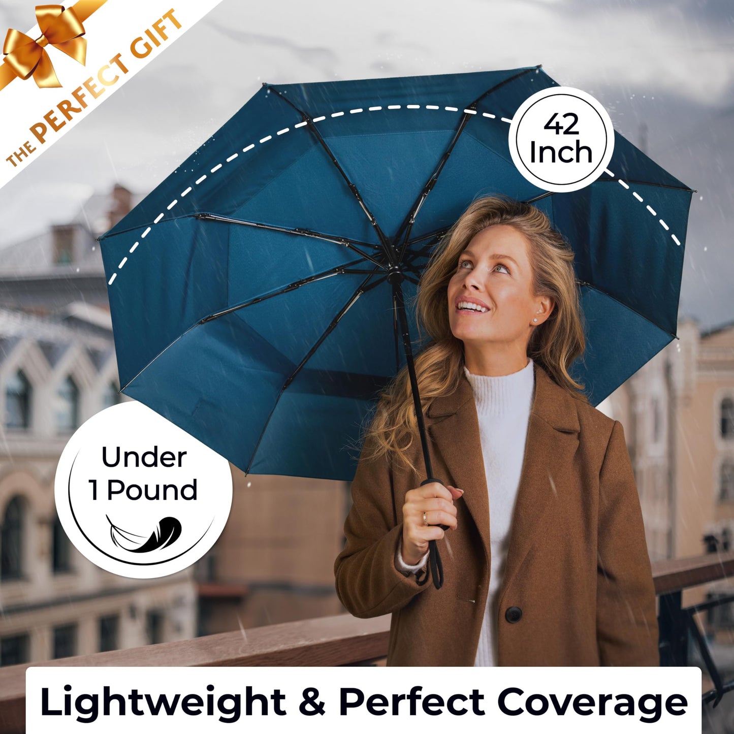 Strongest Windproof Travel Umbrella (Compact, 100MPH Wind-Tested), Light, Portable, One-Handed Use, Automatic Folding Rain Umbrella, Durable, Premium Grip, Fits Car & Backpack