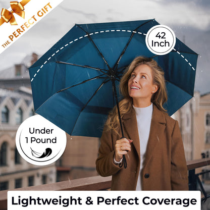 Strongest Windproof Travel Umbrella (Compact, 100MPH Wind-Tested), Light, Portable, One-Handed Use, Automatic Folding Rain Umbrella, Durable, Premium Grip, Fits Car & Backpack