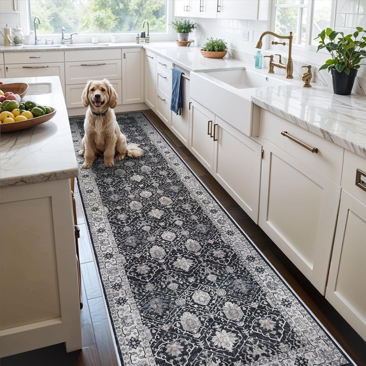 2x6 Hallway Washable Runner Rug : Vintage Soft Kitchen Laundry Runner with Non Slip Backing Farmhouse Entryway Living Room Floor Mat Stain Resistant Carpet for Bedroom Bathroom Distressed Beside Rug