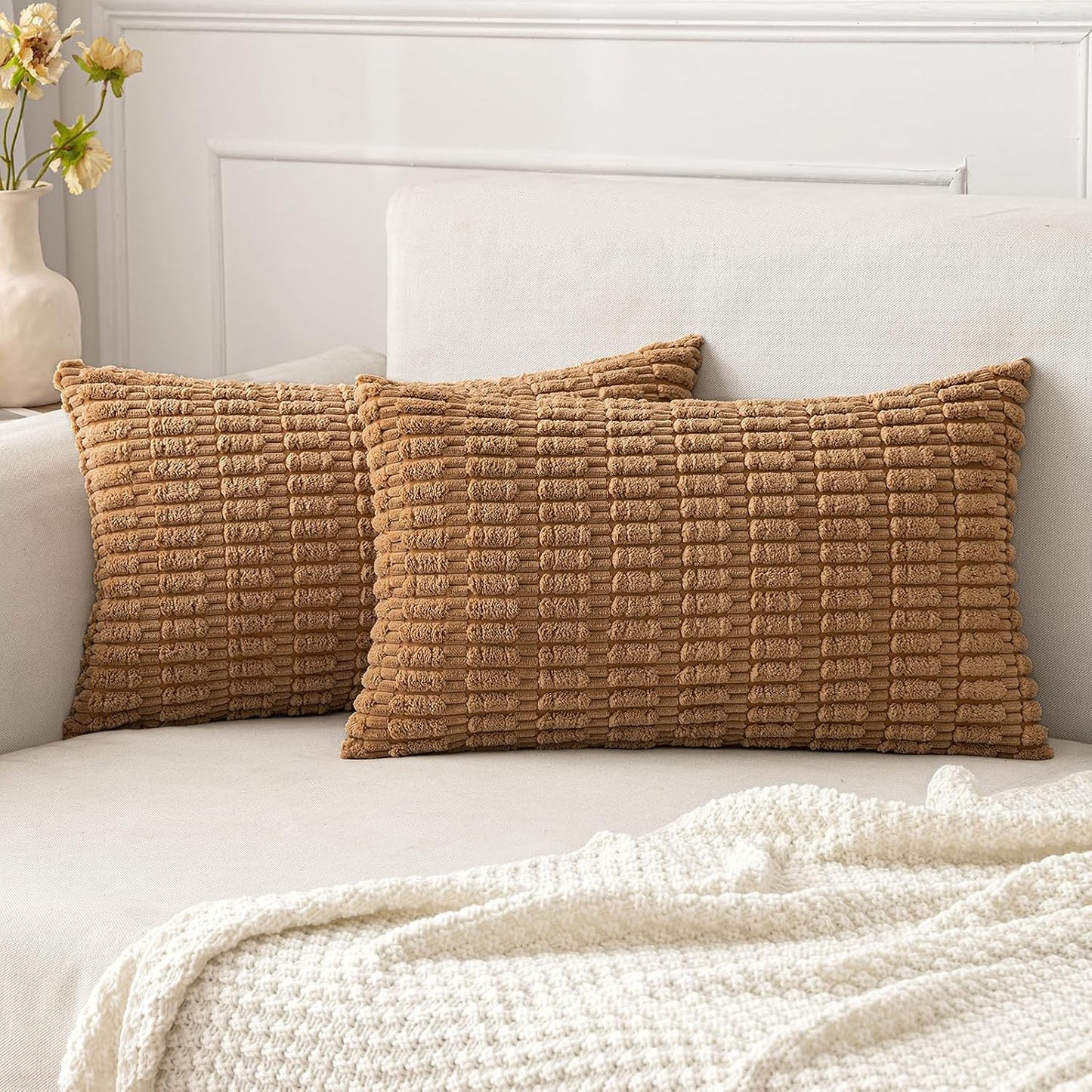 MIULEE Corduroy Decorative Throw Pillow Covers 18x18 Aqua Green Pack of 2 | Soft Boho Striped Pillow Covers Modern Farmhouse Home Decor For Sofa Living Room Couch Bed