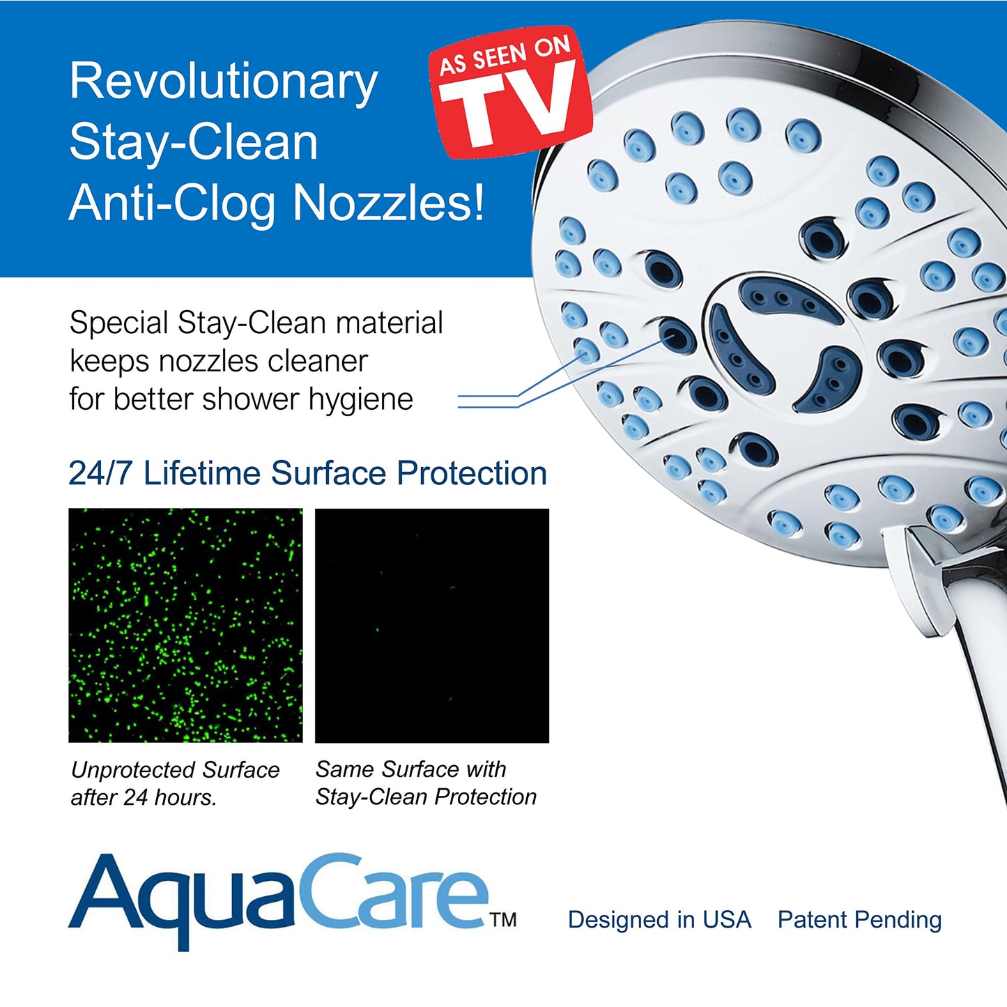 AquaCare 8-mode High Pressure Handheld Shower Head with 2-mode Power Wash | Stay Clean Nozzles, Dual Power Wash for Tub, Tile & Pets, Long 6 ft. Stainless Steel Hose, Wall & Overhead Brackets / Chrome