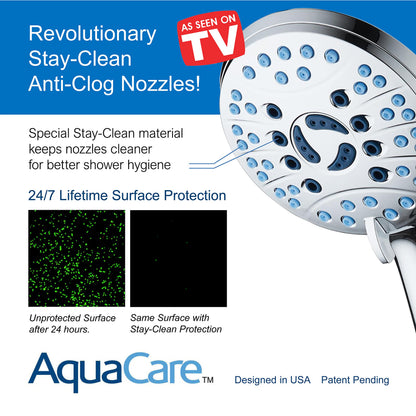 AquaCare 8-mode High Pressure Handheld Shower Head with 2-mode Power Wash | Stay Clean Nozzles, Dual Power Wash for Tub, Tile & Pets, Long 6 ft. Stainless Steel Hose, Wall & Overhead Brackets / Chrome