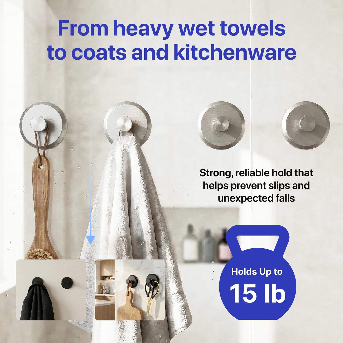 HOME SO Suction Cup Hooks for Shower & Bathroom Towel Holder 2-Pack Black | Waterproof Rustproof Organizer Hook Hanging Loofah Robe Coat Bath Accessories on Tile Glass Door Mirror + Optional 3M Disc