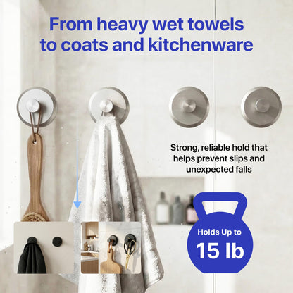 HOME SO Suction Cup Hooks for Shower & Bathroom Towel Holder 2-Pack Black | Waterproof Rustproof Organizer Hook Hanging Loofah Robe Coat Bath Accessories on Tile Glass Door Mirror + Optional 3M Disc