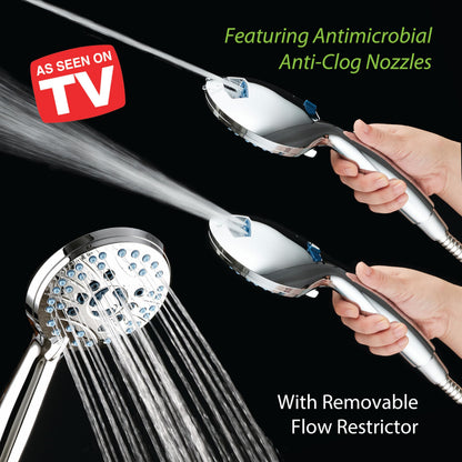 AquaCare 8-mode High Pressure Handheld Shower Head with 2-mode Power Wash | Stay Clean Nozzles, Dual Power Wash for Tub, Tile & Pets, Long 6 ft. Stainless Steel Hose, Wall & Overhead Brackets / Chrome