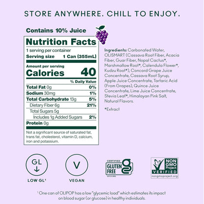 OLIPOP 6g Fiber Prebiotic Soda, Classic Grape, 12 fl oz, 12Pack Skinny | Shelf Stable Prebiotic Soda (Skinny), 6g Fiber, 5g Sugar, Digestive Health Support, Prebiotics & Botanicals, Gluten Free