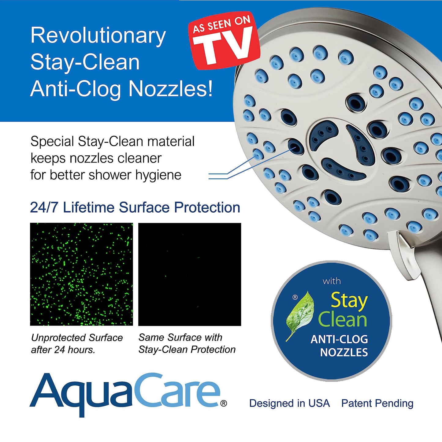 AquaCare 8-mode High Pressure Handheld Shower Head with 2-mode Power Wash | Stay Clean Nozzles, Dual Power Wash for Tub, Tile & Pets, Long 6 ft. Stainless Steel Hose, Wall & Overhead Brackets / Chrome