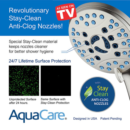 AquaCare 8-mode High Pressure Handheld Shower Head with 2-mode Power Wash | Stay Clean Nozzles, Dual Power Wash for Tub, Tile & Pets, Long 6 ft. Stainless Steel Hose, Wall & Overhead Brackets / Chrome