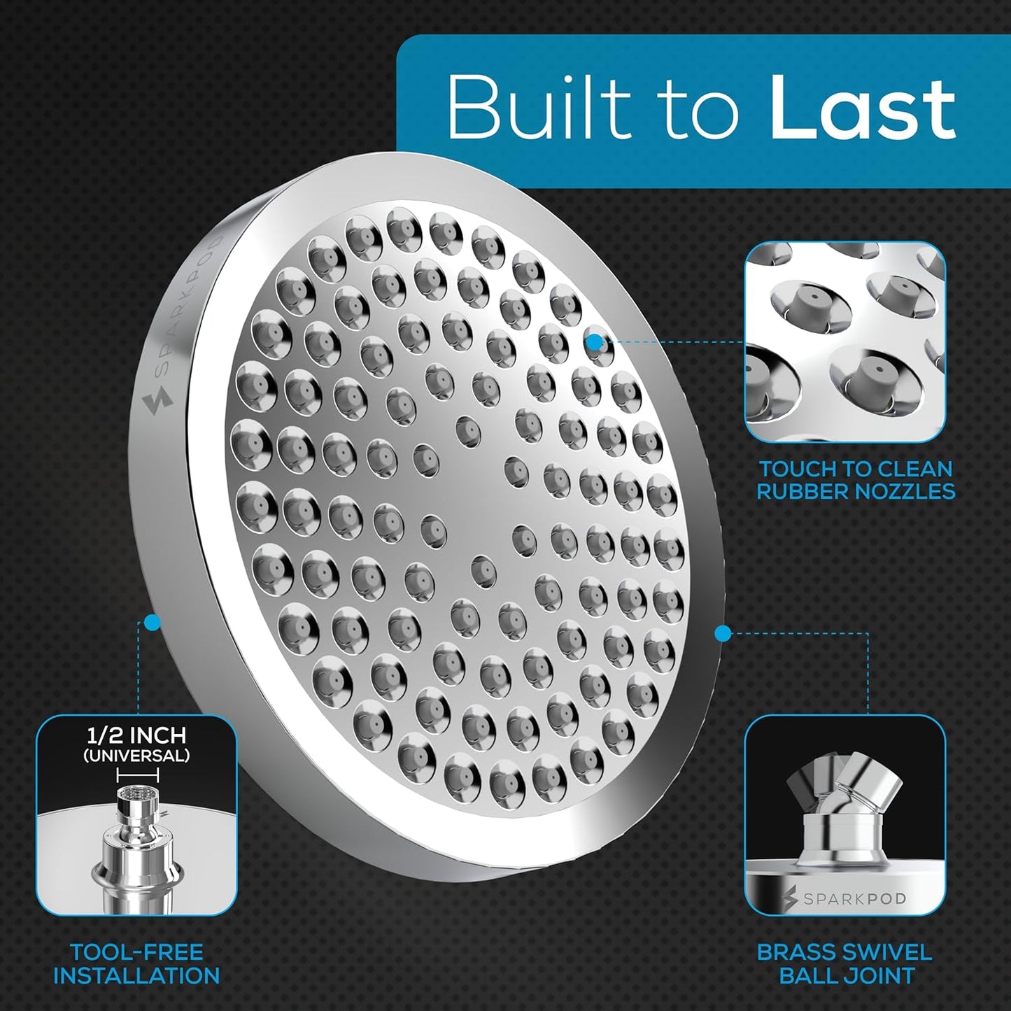 SparkPod Rain Shower Head, 6 Inch Round, Luxury Polished Chrome Finish | High Pressure Shower Heads, 90 Nozzles, Adjustable Showerhead, No Tools Needed, Universal Connection