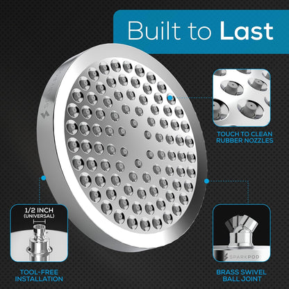 SparkPod Rain Shower Head, 6 Inch Round, Luxury Polished Chrome Finish | High Pressure Shower Heads, 90 Nozzles, Adjustable Showerhead, No Tools Needed, Universal Connection