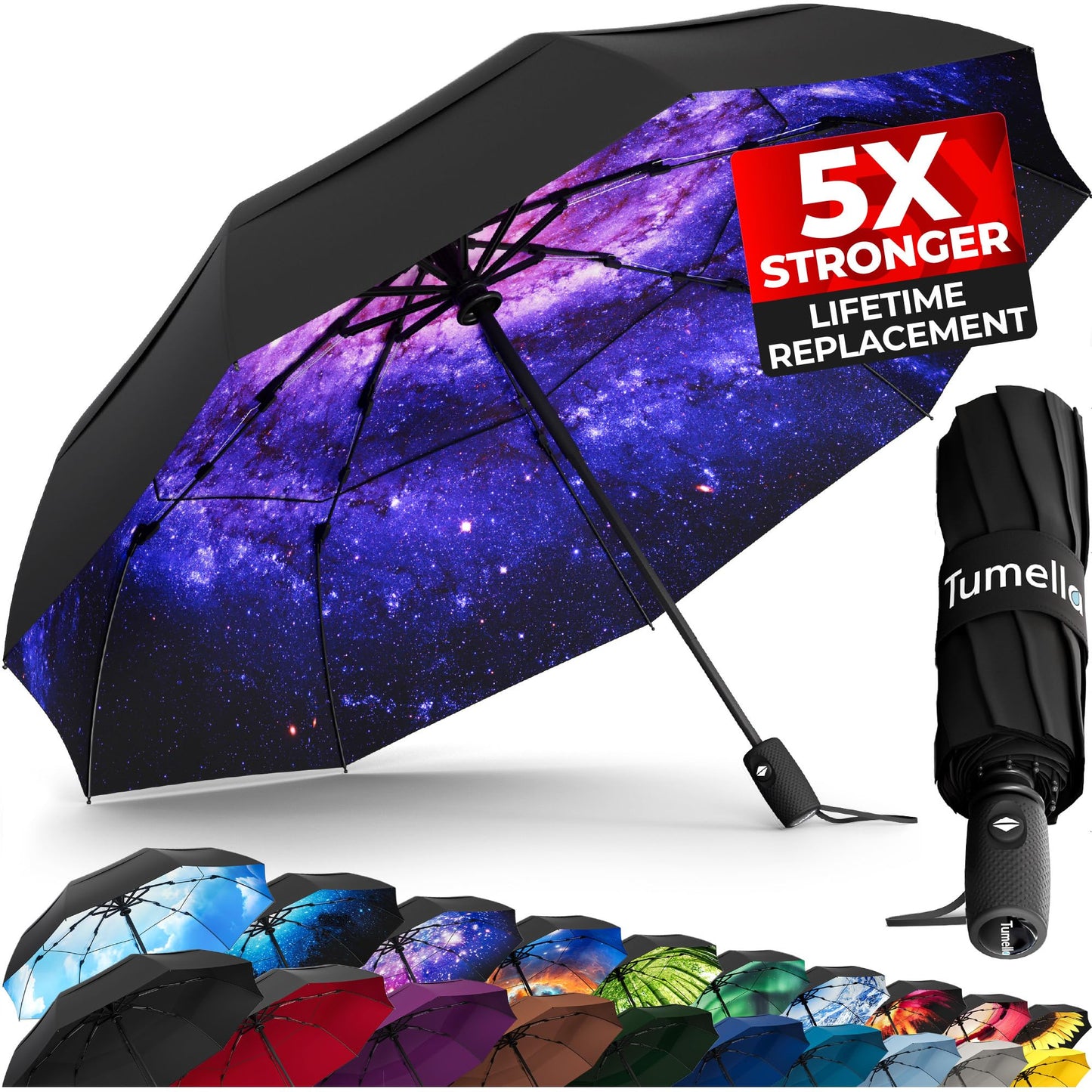 Strongest Windproof Travel Umbrella (Compact, 100MPH Wind-Tested), Light, Portable, One-Handed Use, Automatic Folding Rain Umbrella, Durable, Premium Grip, Fits Car & Backpack