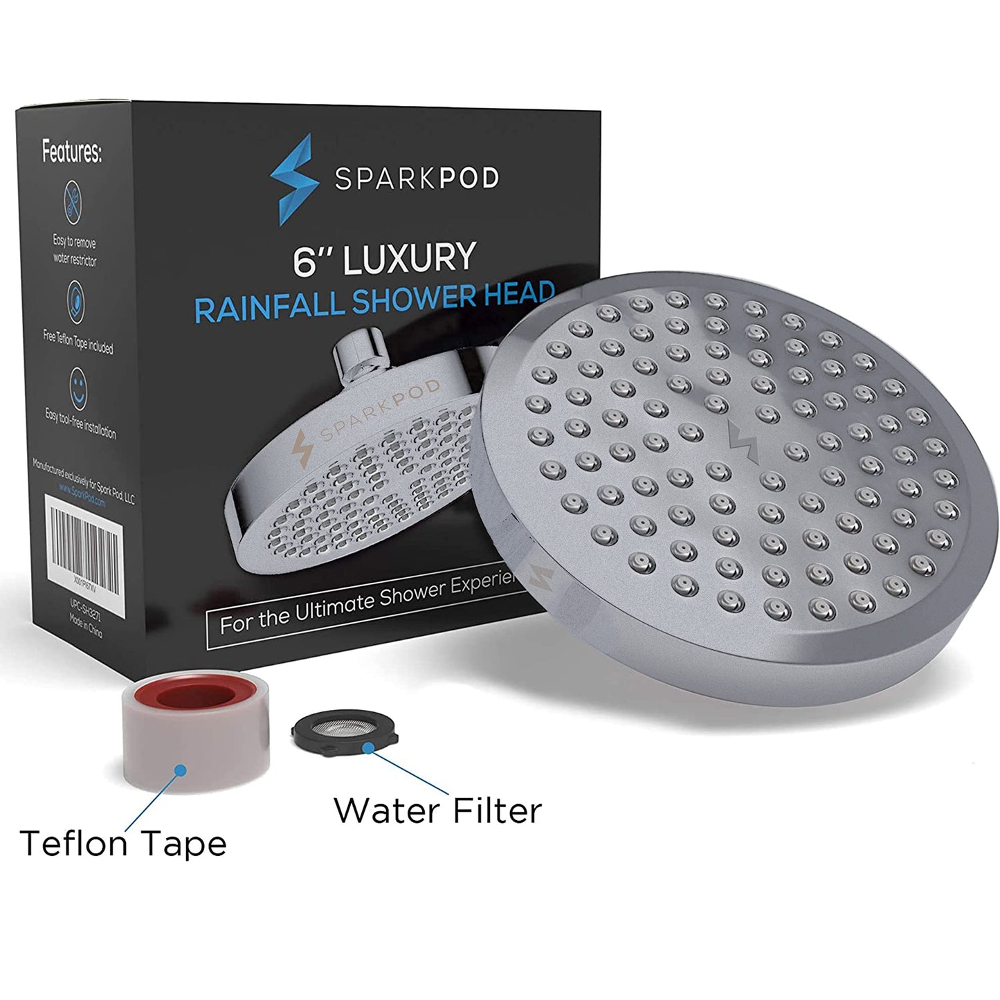 SparkPod Rain Shower Head, 6 Inch Round, Luxury Polished Chrome Finish | High Pressure Shower Heads, 90 Nozzles, Adjustable Showerhead, No Tools Needed, Universal Connection