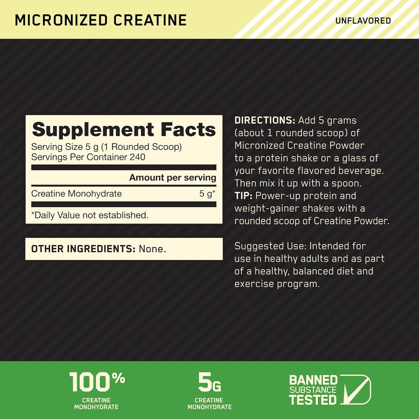 Optimum Nutrition Creatine, Micronized Creatine Monohydrate Powder, Supports Strength & Recovery, Banned Substance Tested, Unflavored, 5g per Serving, 60 Servings | 5g Micronized Creatine Monohydrate Powder Per Serving, Supports Muscle Strength & Power, E