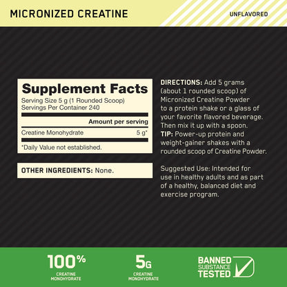 Optimum Nutrition Creatine, Micronized Creatine Monohydrate Powder, Supports Strength & Recovery, Banned Substance Tested, Unflavored, 5g per Serving, 60 Servings | 5g Micronized Creatine Monohydrate Powder Per Serving, Supports Muscle Strength & Power, E