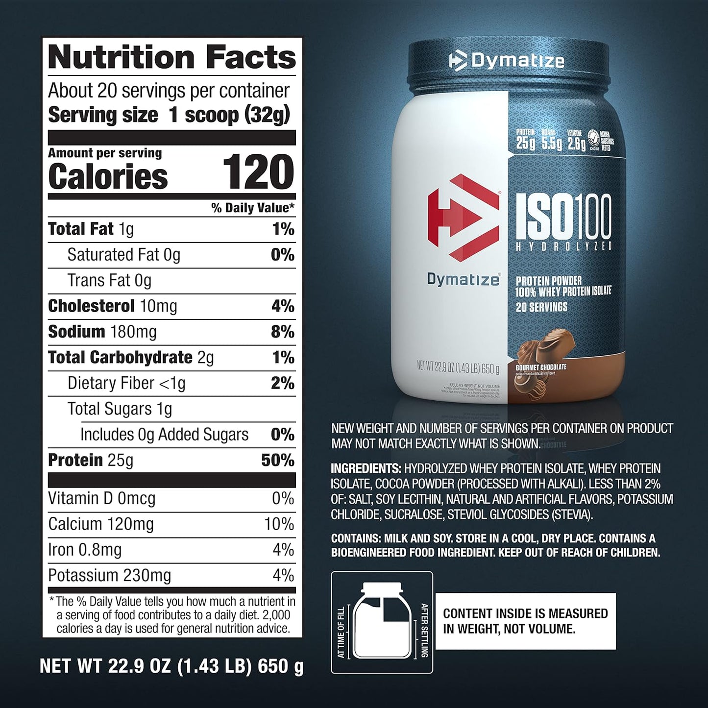 Dymatize ISO100 Protein Powder, 100% Whey Isolate, Cookies & Cream | 25g Protein, Hydrolyzed, Fast-Absorbing, Supports Muscle Health, 5.5g BCAAs, Gluten-Free, 20 Servings, 1.3 lb