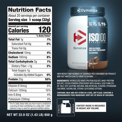 Dymatize ISO100 Protein Powder, 100% Whey Isolate, Cookies & Cream | 25g Protein, Hydrolyzed, Fast-Absorbing, Supports Muscle Health, 5.5g BCAAs, Gluten-Free, 20 Servings, 1.3 lb