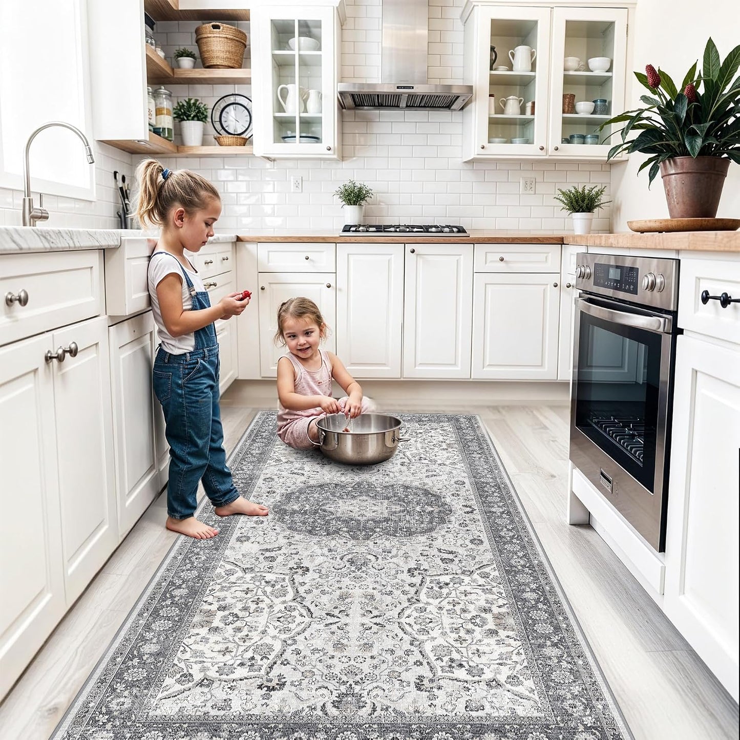 2x6 Hallway Washable Runner Rug : Vintage Soft Kitchen Laundry Runner with Non Slip Backing Farmhouse Entryway Living Room Floor Mat Stain Resistant Carpet for Bedroom Bathroom Distressed Beside Rug
