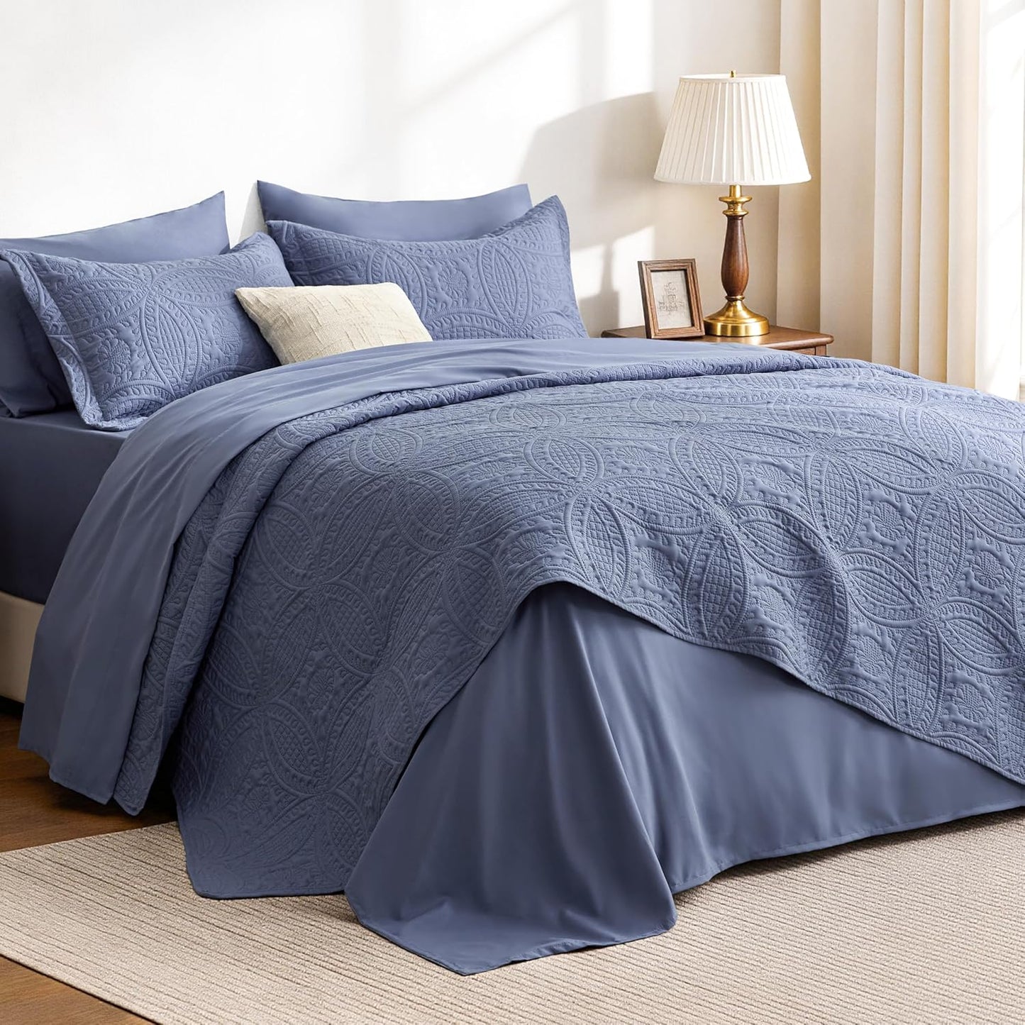 Love's cabin Quilts for Queen Bed Blue Bedspreads - Soft Bed Summer Lightweight Bedspread Comforter - Modern Style Coin Pattern Coverlet for All Season - 3 Pieces (1 Quilt, 2 Pillow Shams)