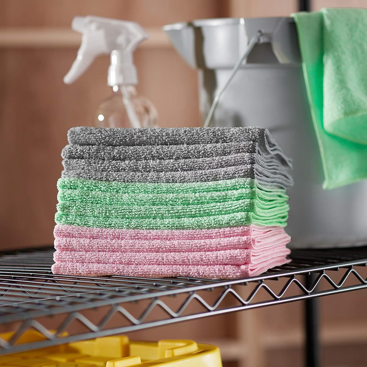 Amazon Basics Microfiber Cleaning Cloths, Ultra Absorbent, Lint Free, Streak Free, Non-Abrasive, Reusable and Washable, 16" x 12", Blue/White/Yellow, Pack of 24