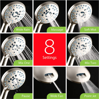 AquaCare 8-mode High Pressure Handheld Shower Head with 2-mode Power Wash | Stay Clean Nozzles, Dual Power Wash for Tub, Tile & Pets, Long 6 ft. Stainless Steel Hose, Wall & Overhead Brackets / Chrome