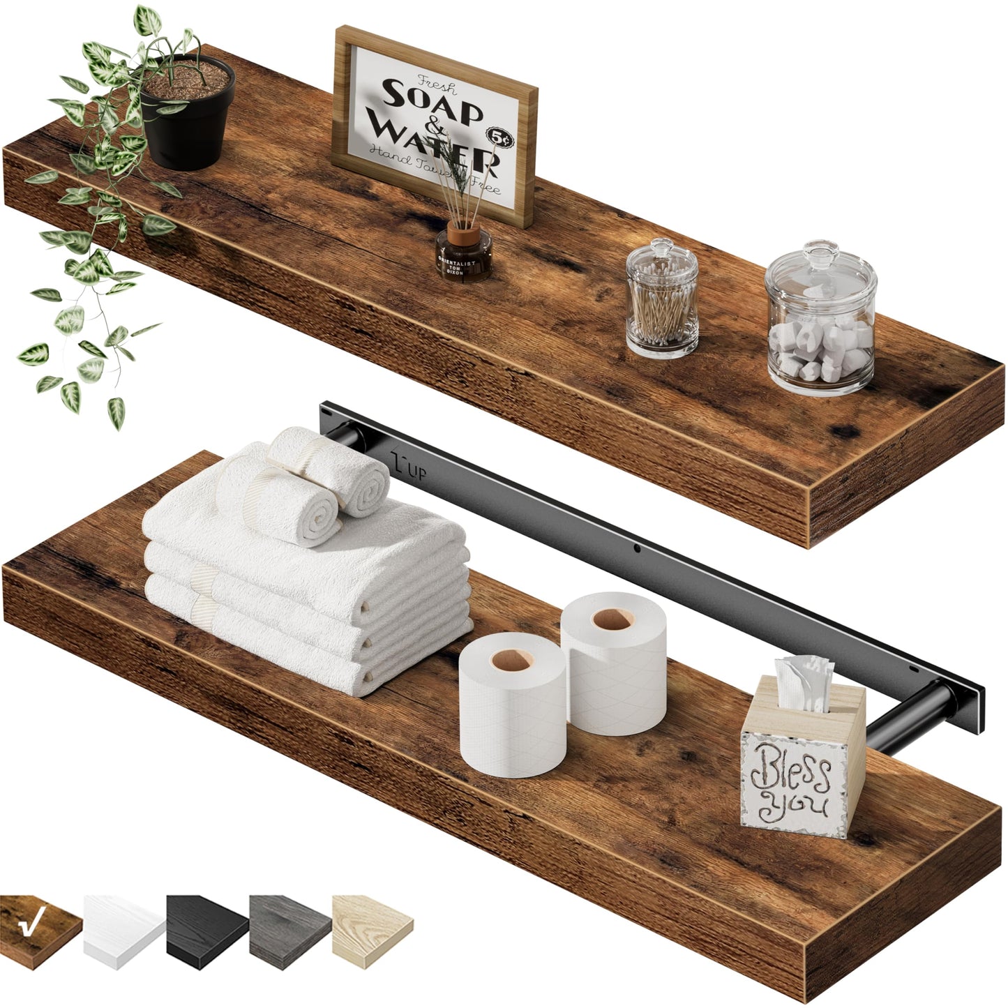 QEEIG Bathroom Floating Shelves for Wall - 15.7" Wall Mounted Shelf Over Toilet Farmhouse Home Decor Display Bookshelf Small 15.7 x 6.7 inch Set of 2, Rustic Brown (008-40BN)