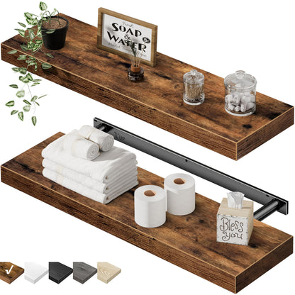 QEEIG Bathroom Floating Shelves for Wall - 15.7" Wall Mounted Shelf Over Toilet Farmhouse Home Decor Display Bookshelf Small 15.7 x 6.7 inch Set of 2, Rustic Brown (008-40BN)
