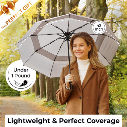 Strongest Windproof Travel Umbrella (Compact, 100MPH Wind-Tested), Light, Portable, One-Handed Use, Automatic Folding Rain Umbrella, Durable, Premium Grip, Fits Car & Backpack