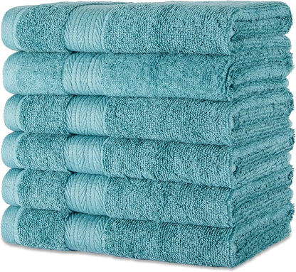Amazon Basics 6-Piece Oversized Fade-Resistant Towel Set, 100% Cotton, Highly Absorbent, Soft, Teal, 2 Bath Towels, 2 Hand Towels, 2 Washcloths