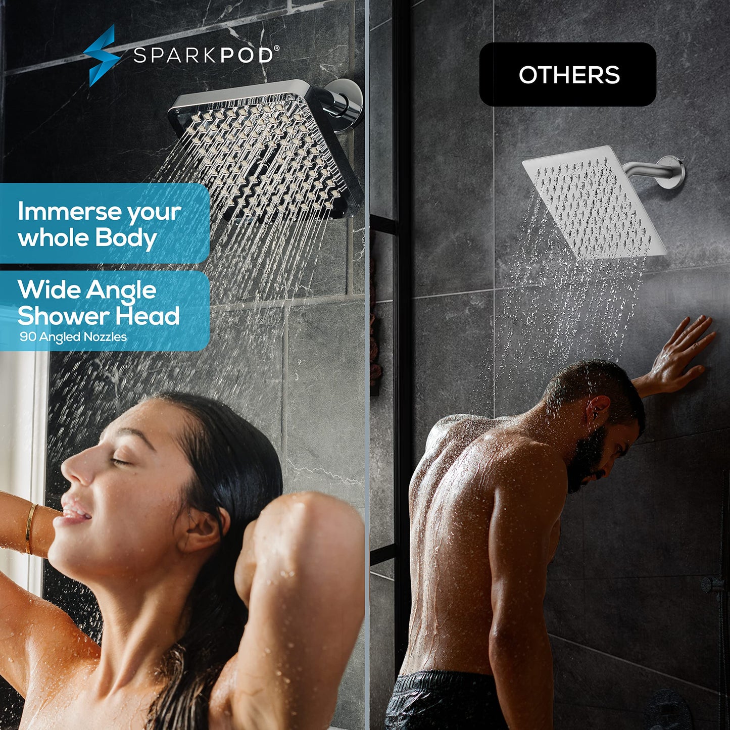 SparkPod Rain Shower Head, 6 Inch Round, Luxury Polished Chrome Finish | High Pressure Shower Heads, 90 Nozzles, Adjustable Showerhead, No Tools Needed, Universal Connection