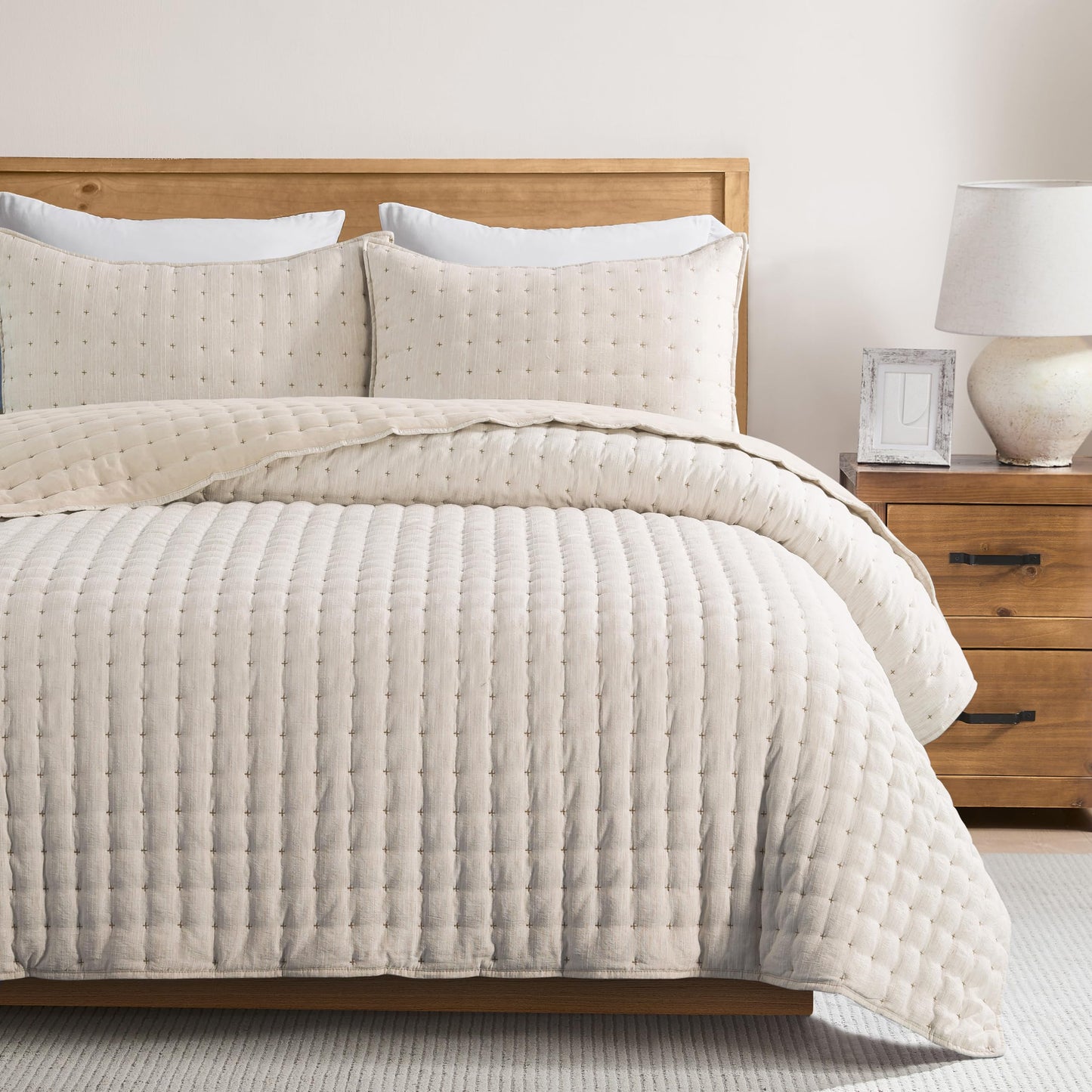 WDCOZY Beige King Size Quilt Bedding Sets with Pillow Shams, Tan Cream Lightweight Bedspread Coverlet, Quilted Blanket Thin Comforter Bed Cover, All Season Summer Spring, 3 Pieces, 104x90 inches