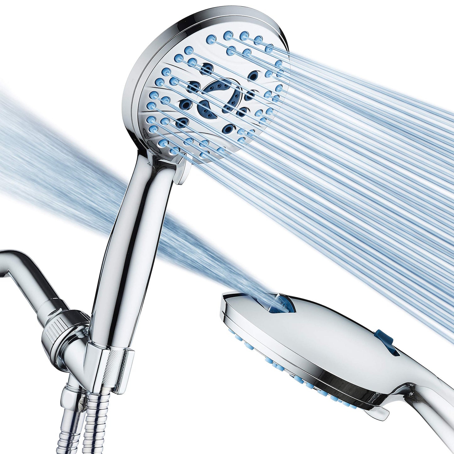 AquaCare 8-mode High Pressure Handheld Shower Head with 2-mode Power Wash | Stay Clean Nozzles, Dual Power Wash for Tub, Tile & Pets, Long 6 ft. Stainless Steel Hose, Wall & Overhead Brackets / Chrome