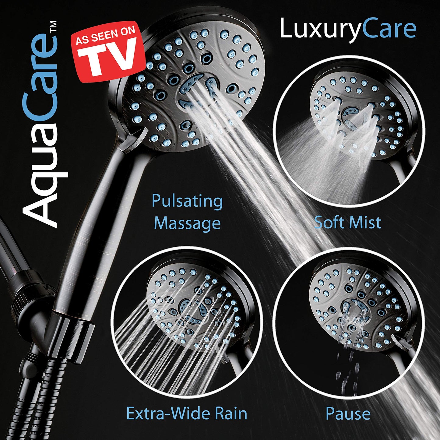 AquaCare 8-mode High Pressure Handheld Shower Head with 2-mode Power Wash | Stay Clean Nozzles, Dual Power Wash for Tub, Tile & Pets, Long 6 ft. Stainless Steel Hose, Wall & Overhead Brackets / Chrome